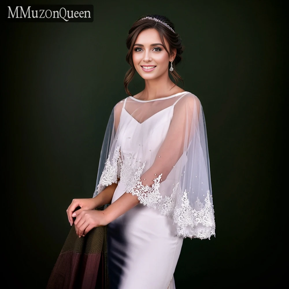 MMQ MG32 Lace Beaded Edge Wedding Shawl Bride Dress Tulle Bolero Pearls Cape for Women Bride Shoulder Cover DIY Customizable