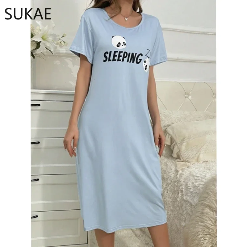 SUKAE Cute Panda Milk Silk Sleepwear Leisure Summer Nightdress Women Sleepshirt Casual Baby Blue Nightdress Cartoon Night Gown