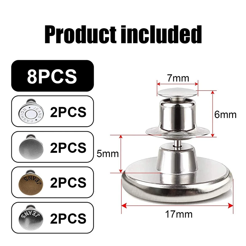 

8 комплектов джинсов с пуговицами, бесшовный крой, съемные булавки для брюк, пуговицы для джинсов мгновенной посадки идеального кроя-AT35