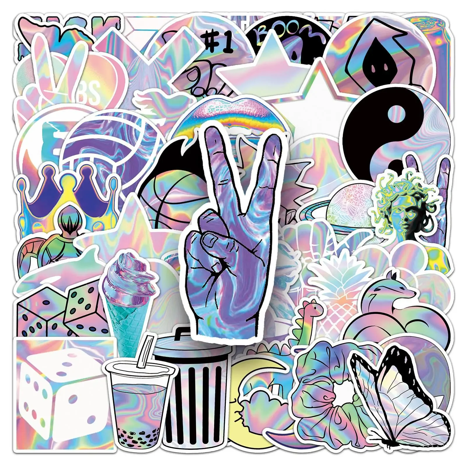 50PCS Holographic Rainbow Stickers Set Waterproof for Laptop Car Motorcycle Scooter Skateboard Bike Decal Creative Decoration