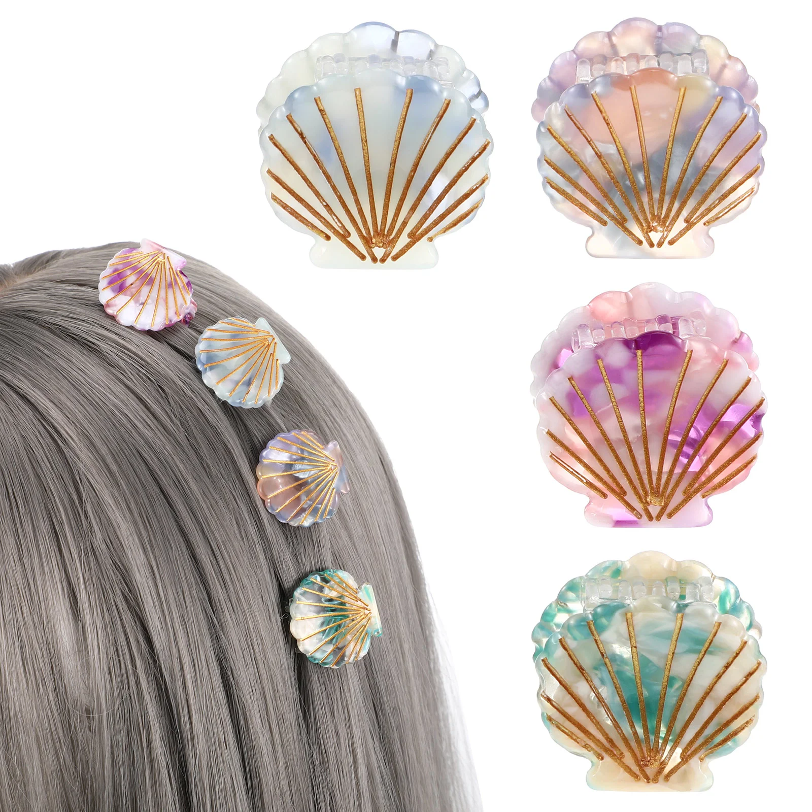 

4 Pcs Rhinestones Women's Clear Hair Ties Seashells Acetic Acid Clip Claw Clips for Short