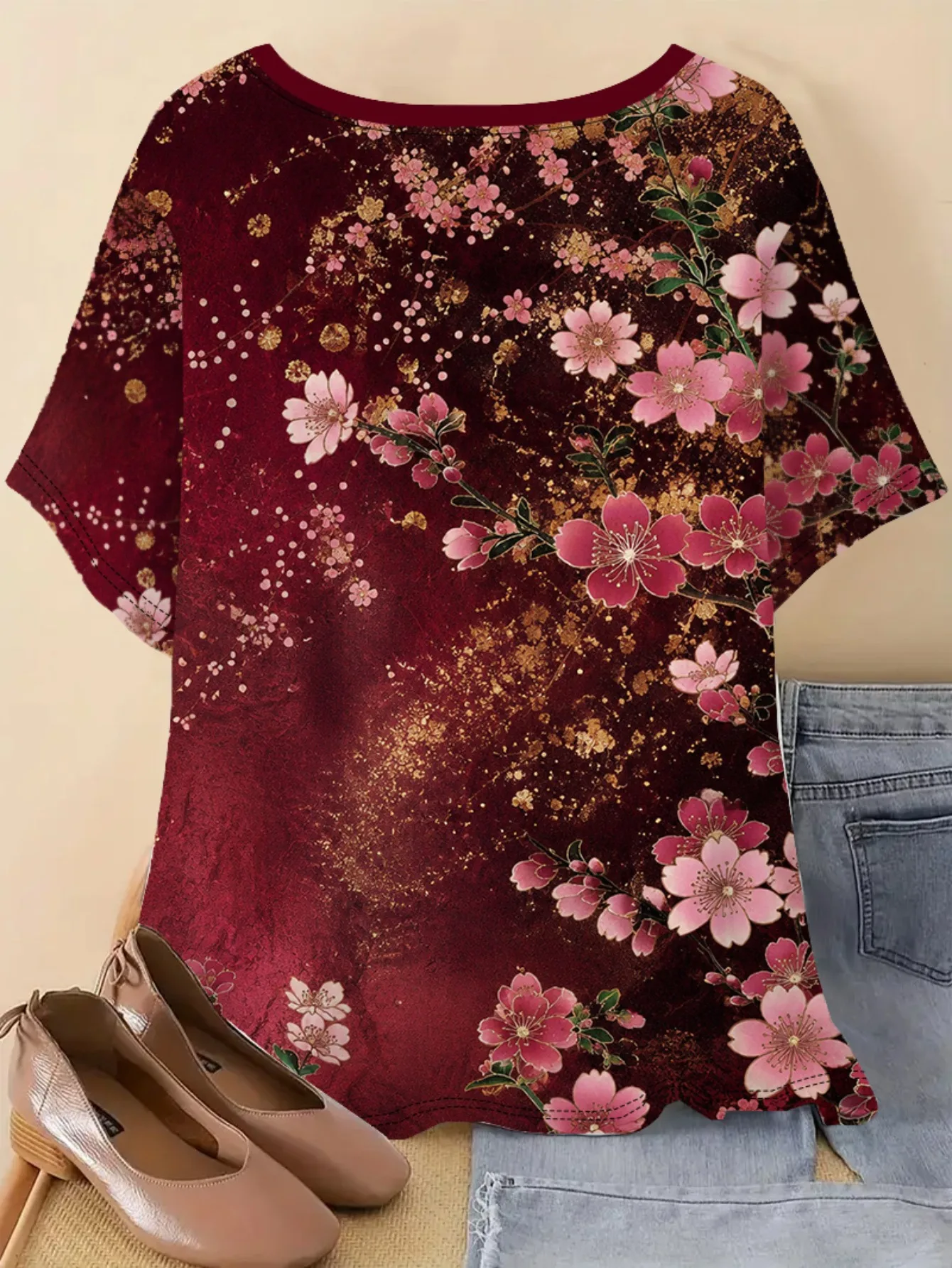 New Women T‑Shirt Vintage Cherry Blossom Floral Print Round Neck Short Sleeve Tee Casual Daily Fashion Tops Women's Clothes