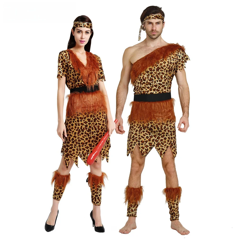 

Halloween Party Indian Role-playing Costume Couple Long-haired Wild Man Funny Performance Outfit Polyester Fiber 100%
