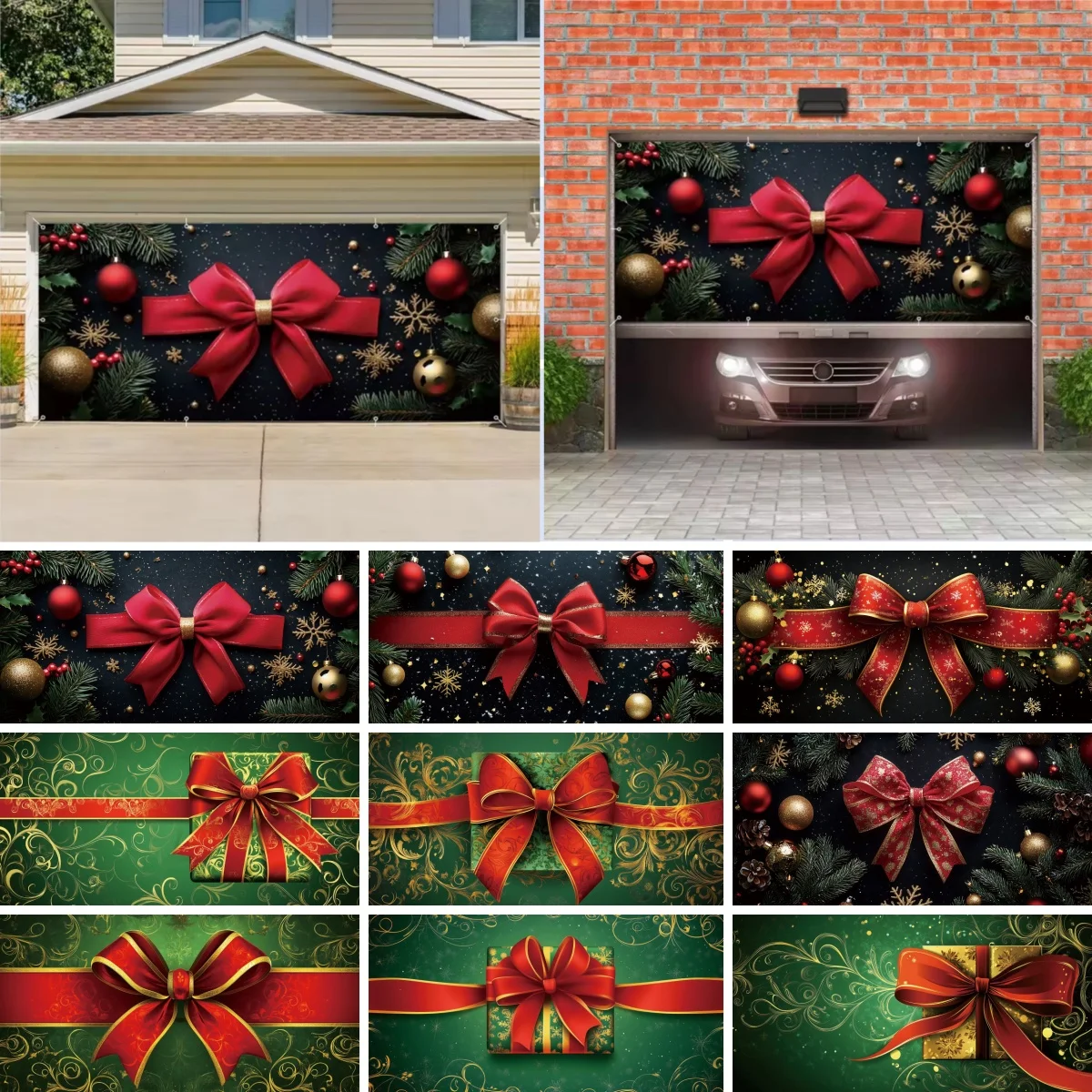 Christmas Red Bow Garage Door Cover Wreath Bells Large Outdoor Hanging Banner Green Velvet Gifts Garage Door Decor Background