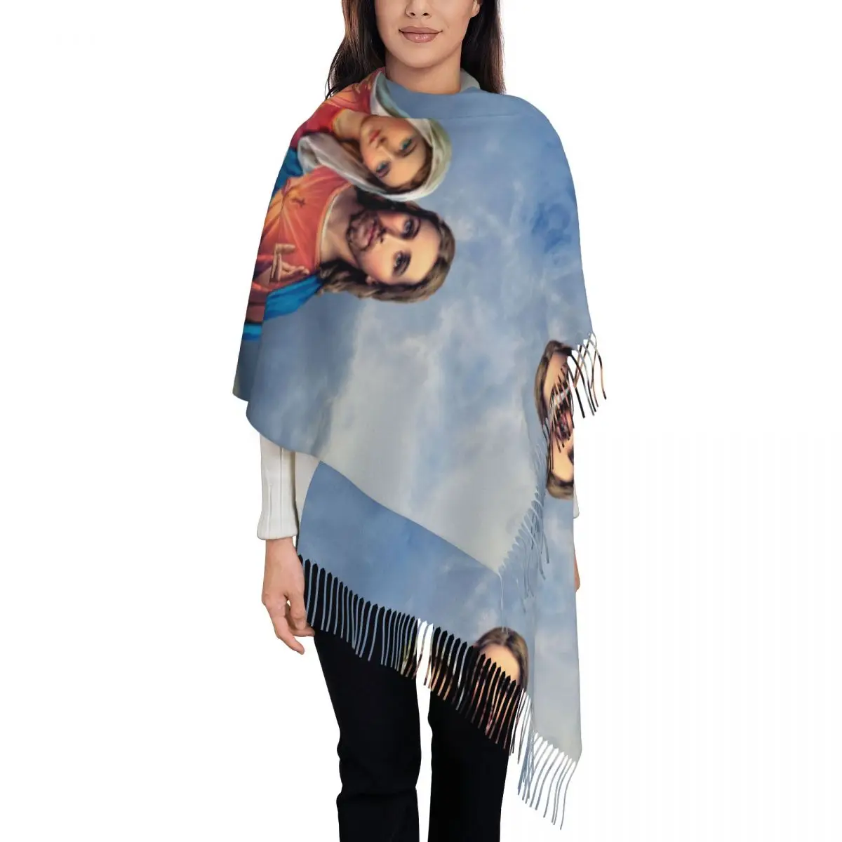 

Женский шарф с сакральными и безупречными сердечками, длинный зимне-осенний теплый шаль с кисточками, унисекс, католические шарфы с Иисусом и Мэри