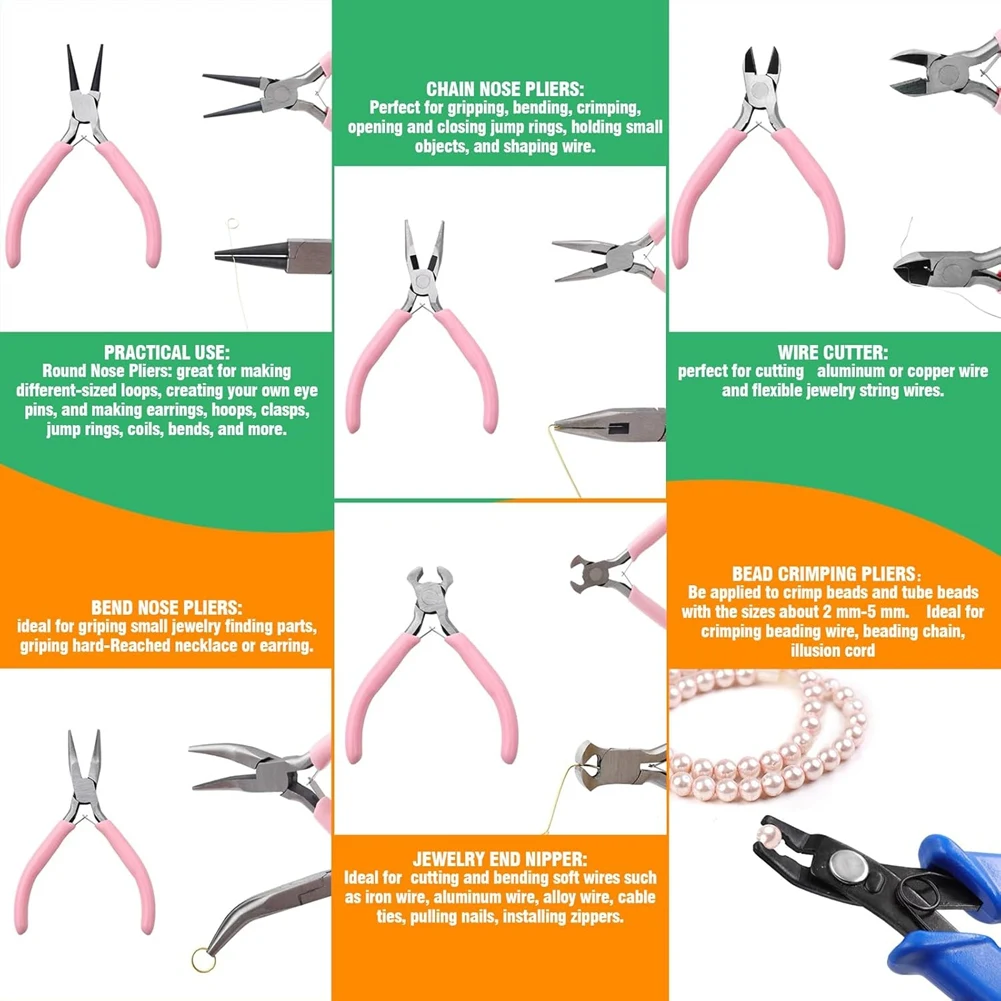 17Pcs Jewelry Pliers with 0.4mm, 0.5mm, 0.6mm, 0.7mm, 0.8mm, 1mm Elastic Bracelet String Cord & 26 Gauge Jewelry Wire