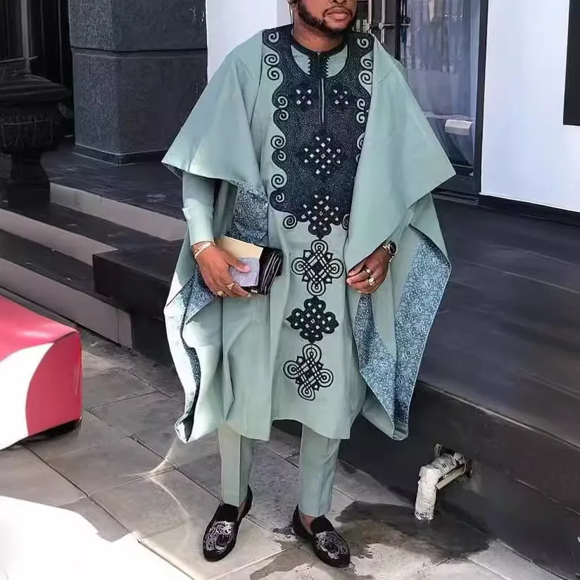 African Ethnic Print Casual Men's Suit Traditional Clothes Robe Shirt Pants Three-piece Party Costume Dashiki