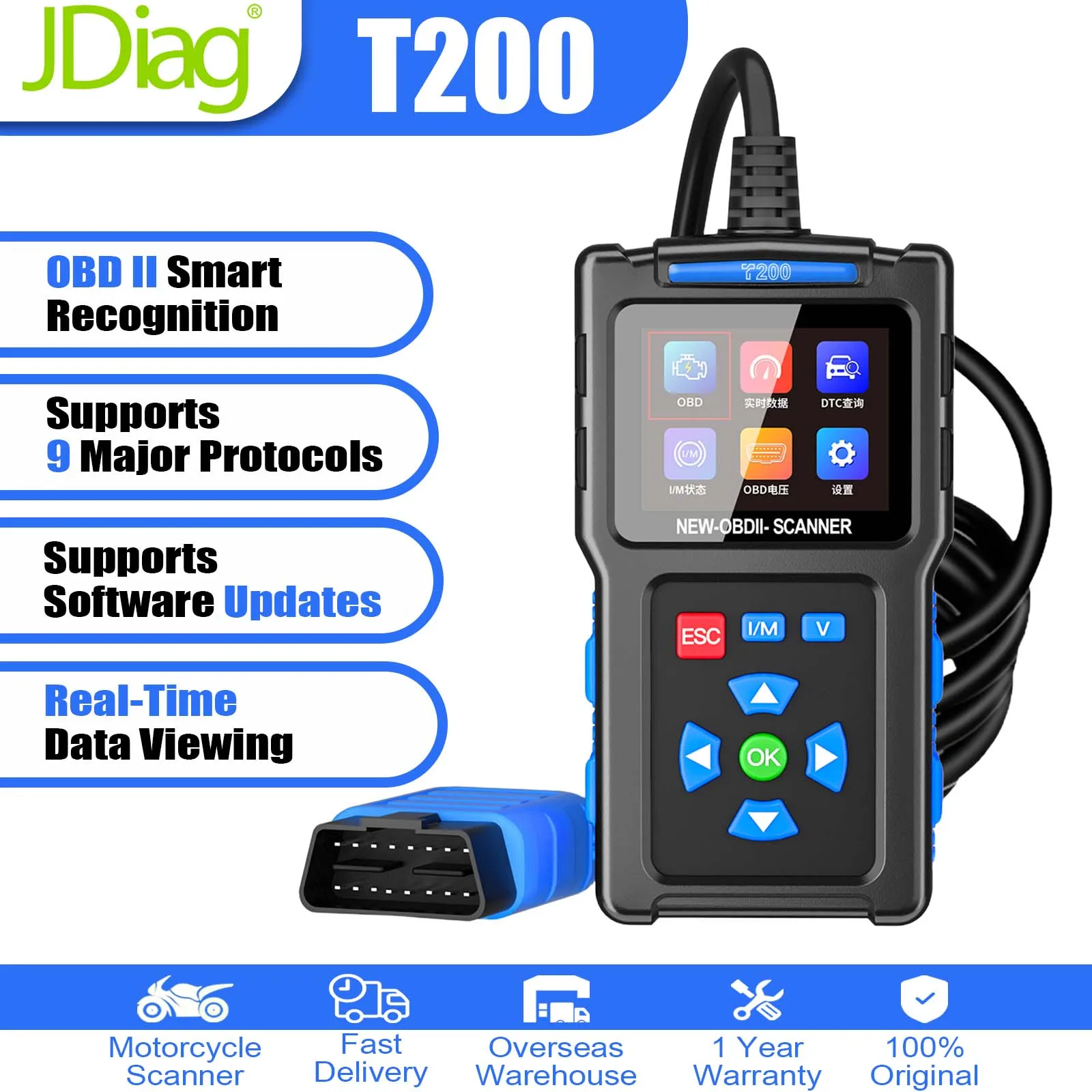 

Topdiag T200 OBD2 Scanner Vehicle Smart Matching Engine Code Reader Car Voltage Tester Supports 9 Protocol Display Diagnostic Tool