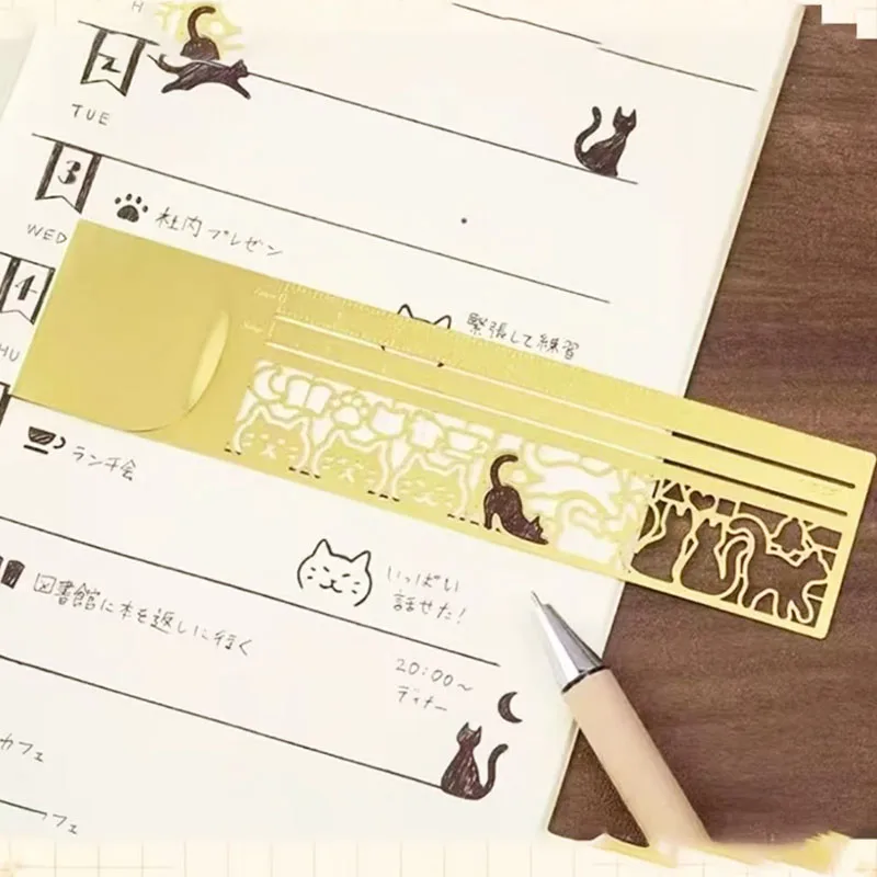 1PC Cute Metal Cat Hollowed Out Bookmark Double Sided Multi Functional Ruler for Diary Planner Notes Creative Stationery Gift