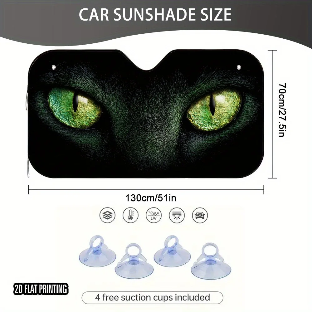 1pc 2D Flat Green Cat Eyes Design Car Sunshade – Stylish Efficient, Includes 4 Suction Cups, Foldable for Convenience
