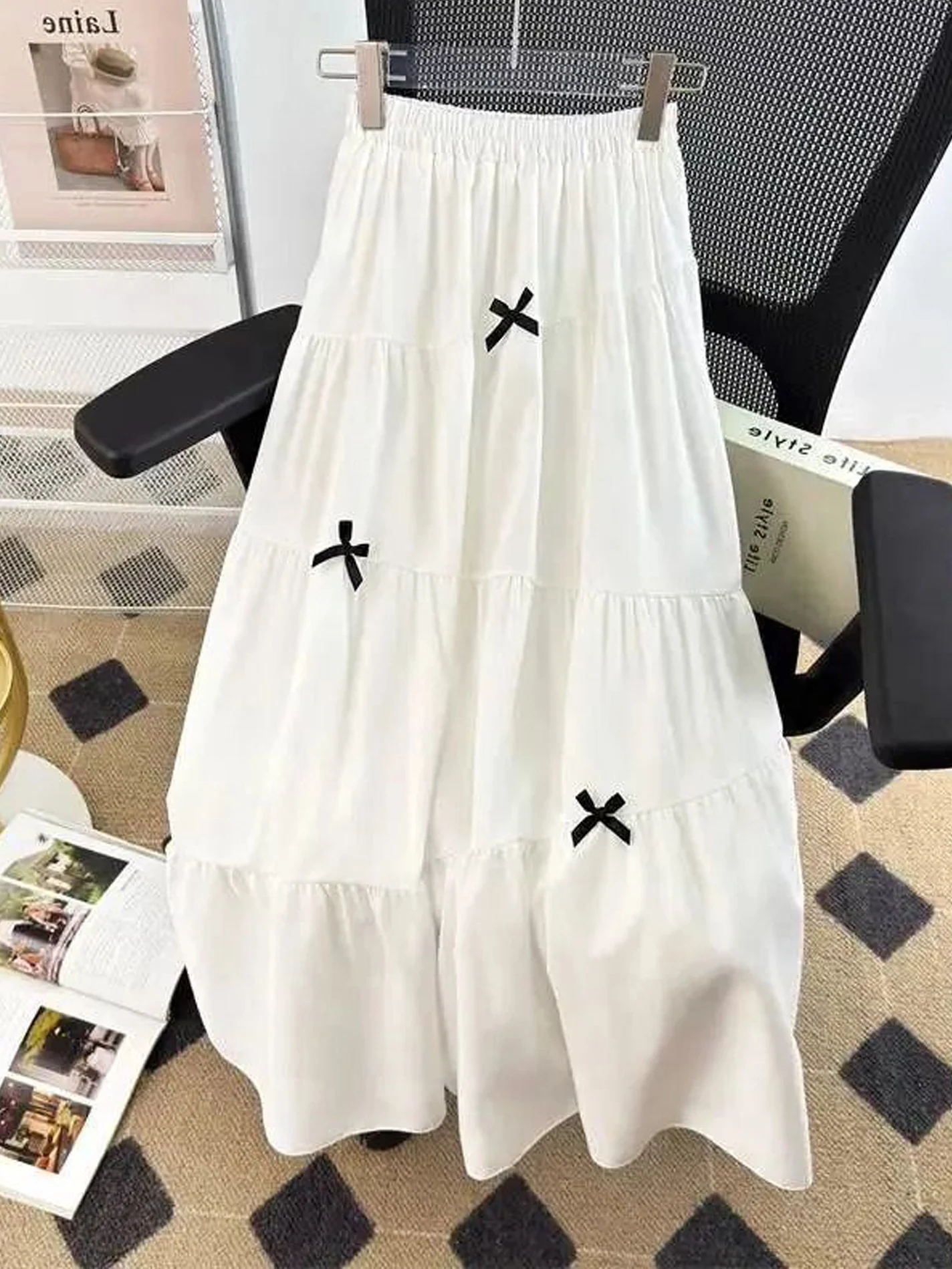 White A-Line Midi Skirt Women's Puffy Gored Skirt Slimming Pleated Umbrella Skirt Versatile Cake Skirt Korean Style High Waist