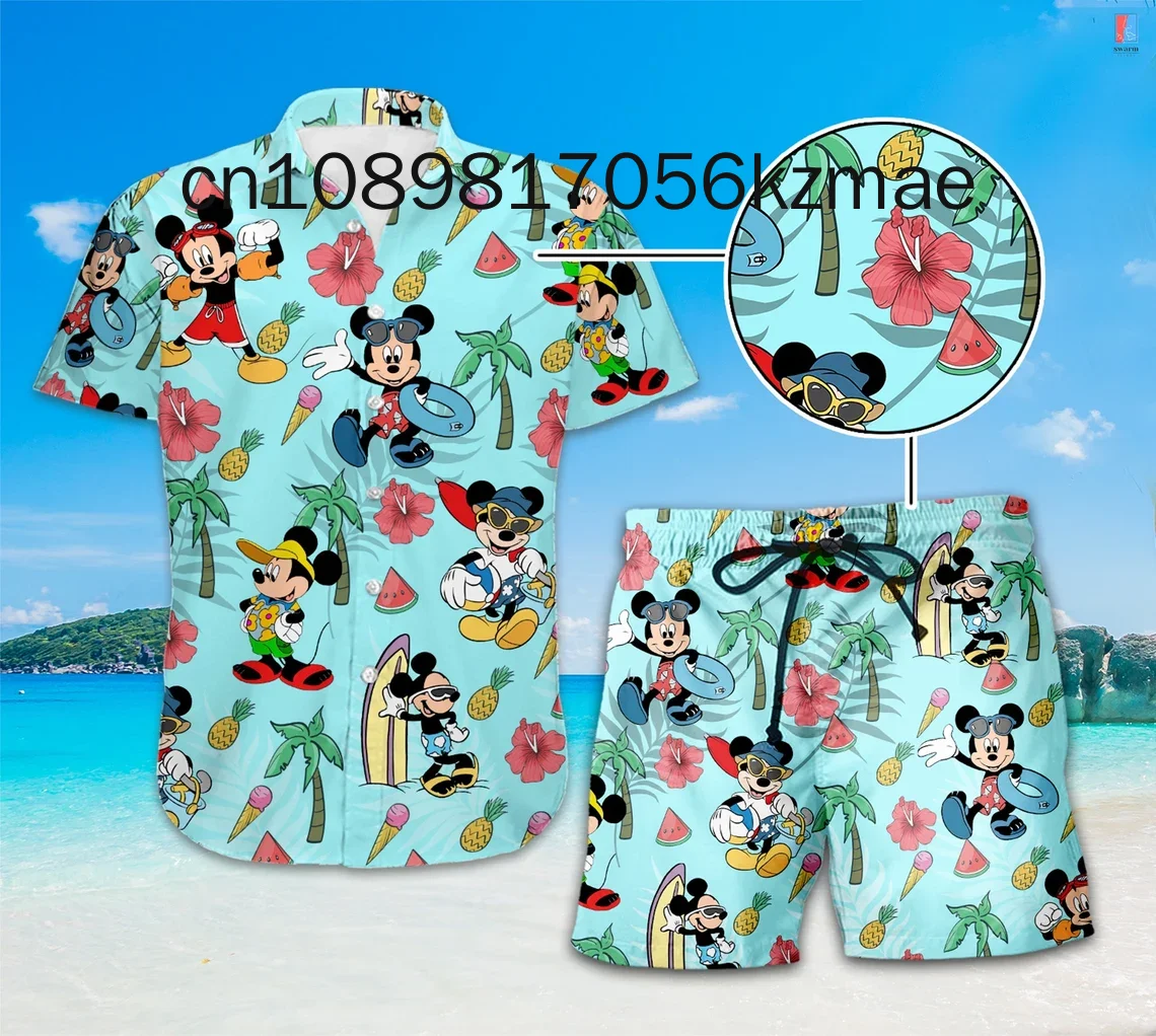 Disney Mickey Tropical Hawaii Shirt Shorts Set Casual Beach Vacation Short Sleeve Set Disney Beach Shorts Retro Button Shirt