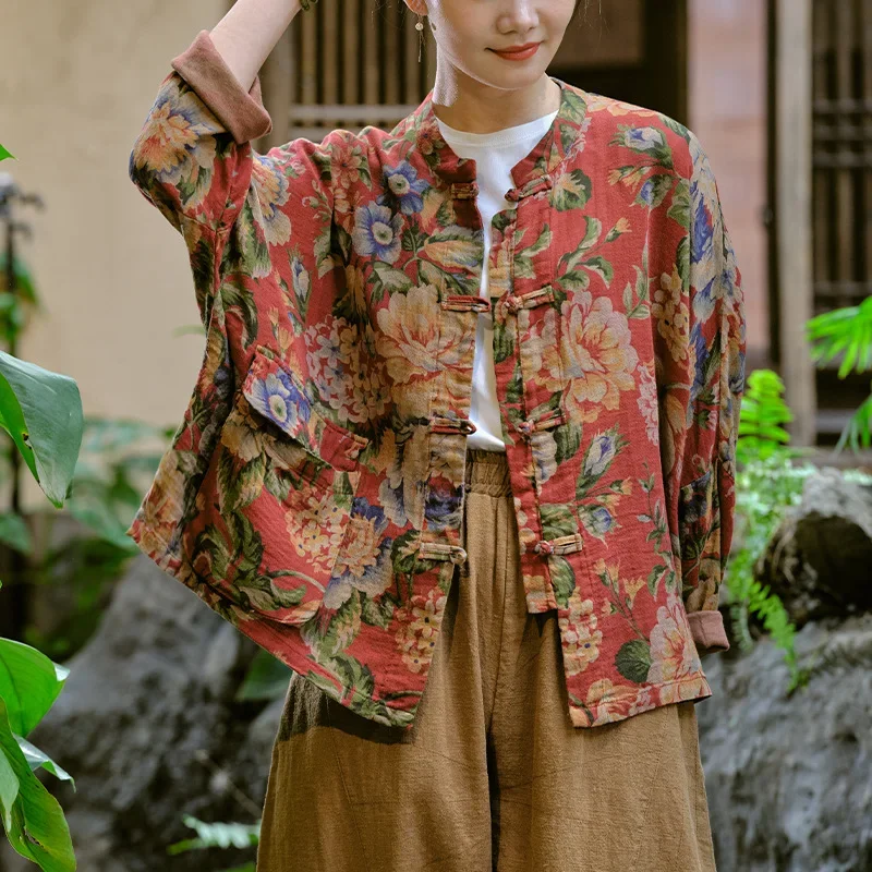

2024 Cotton and Hemp Top Women's Retro Chinese Style Shirt Old Cloth Printed Top Long-sleeved Flower Coat Chinese Blouse Women