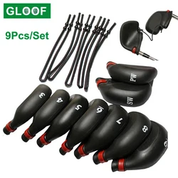 9Pcs/Set Golf Iron Club Head Covers Protectors with String Black PVC Wedge Putter Headcovers