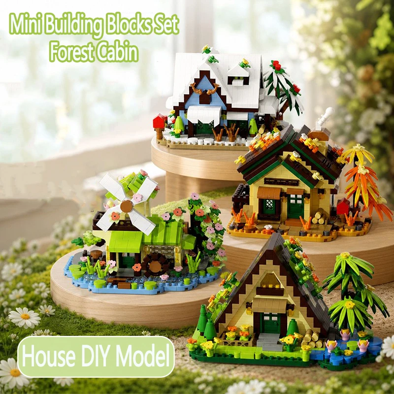 4 Style Forest Cabin Mini Building Blocks Set Four-Season Cottage City Street View Windmill Tree House DIY Model Birthday Gift