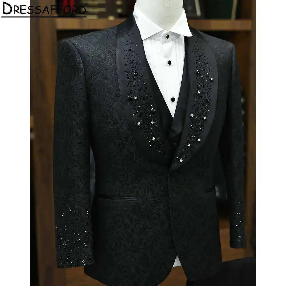 

Черный жаккардовый костюм для жениха с бисерной отделкой, формальный мужской костюм из 2 предметов: пиджак и брюки, стильный повседневный деловой блейзер.