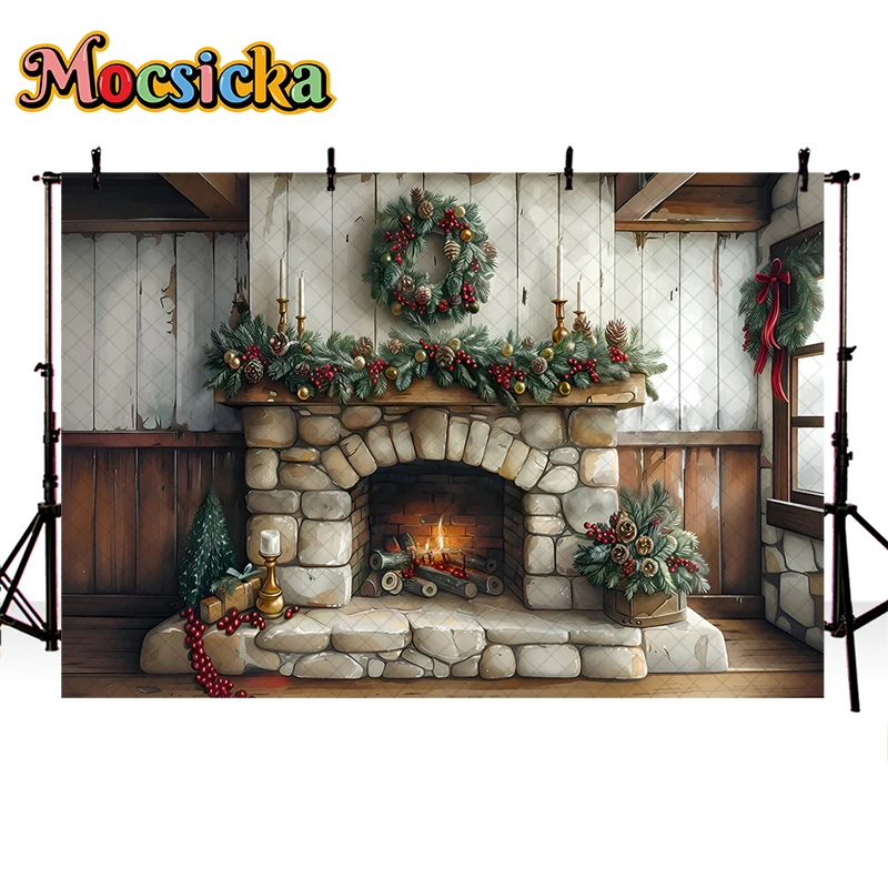 Mocsicka  Christmas Backdrop White Trees Mirror Fireplace Silver Candles Lantern Wooden Floor Beige wall Background Photo Studio