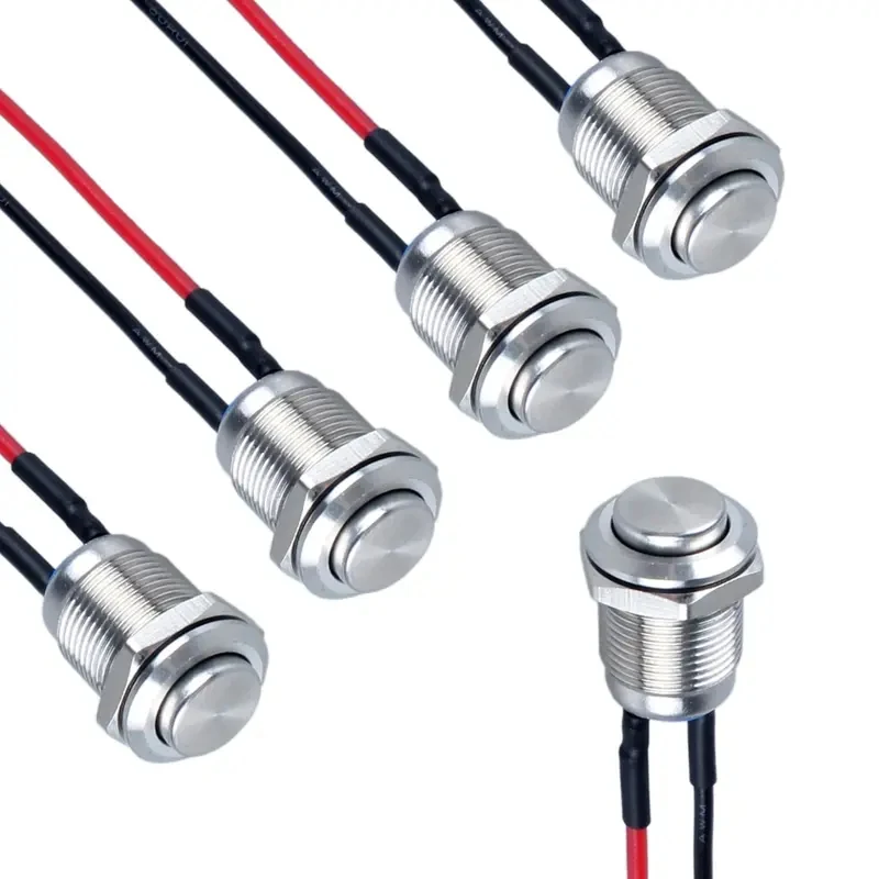 5pcs 12mm Round Head Momentary Push Button Switch Stainless Steel Normally Open with Pre-Soldered Cable 1NO for Car Boat