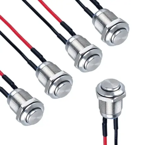 5pcs 12mm Round Head Momentary Push Button Switch Stainless Steel Normally Open with Pre-Soldered Cable 1NO for Car Boat