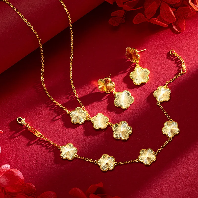 

Women 9999 24K Real Gold Light Luxury Super Flash Plum Blossom Set Fashionable Female Plum Blossom Bracelet Necklace Earring Set