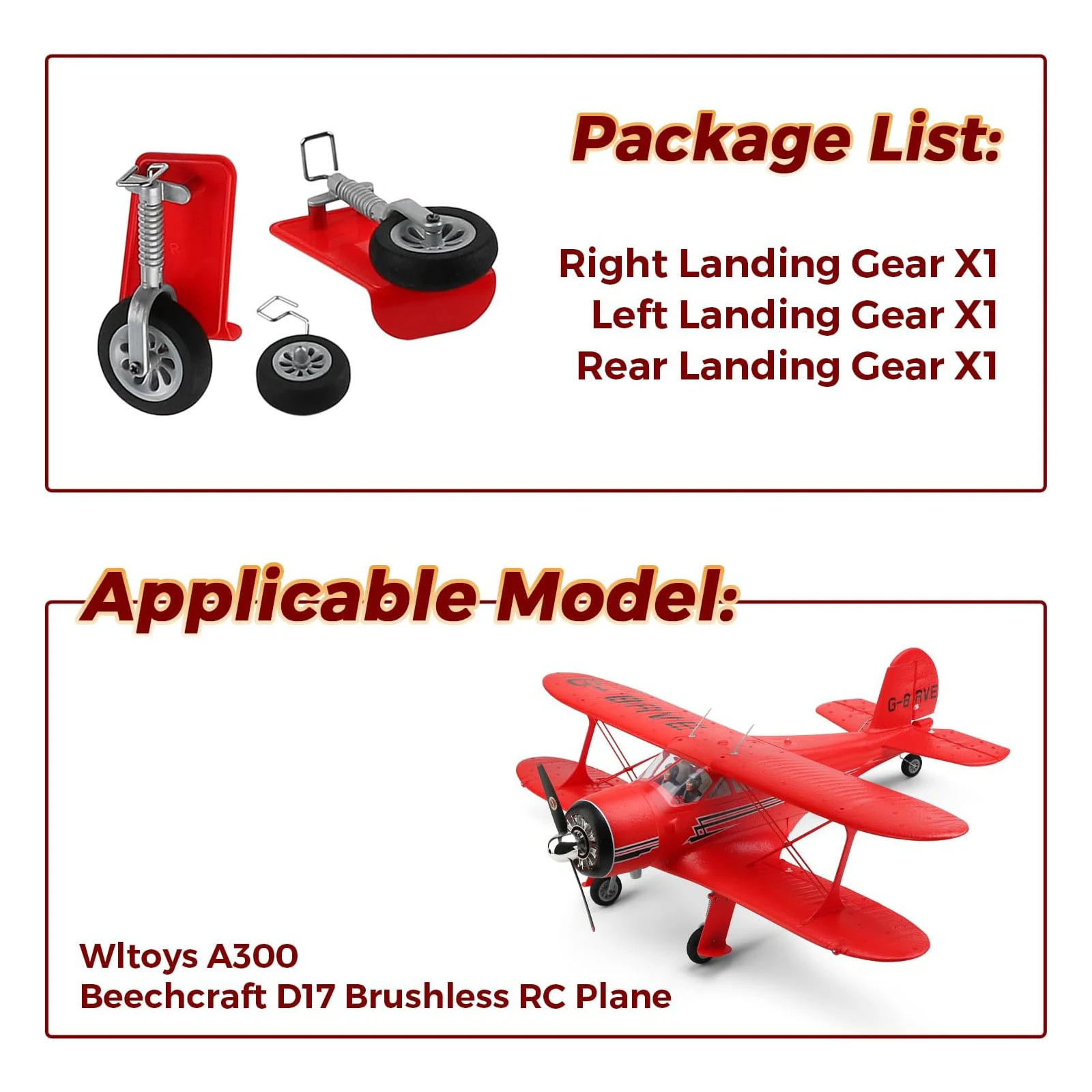 Roue de train d'atterrissage pour avion WLtoys A300 Beechcraft D17 RC, pièces de rechange pour avion RC sans balais WLtoys, pièces d'avion planeur (rouge)