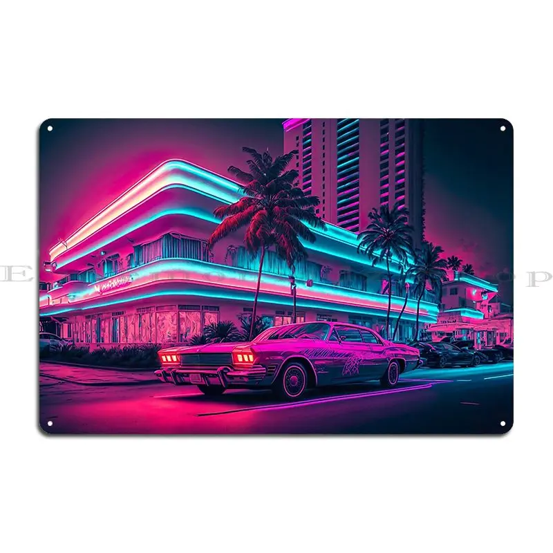 Neon Miami Nights Synth Wave Revival Metal Plaque Bar Decoration Pub Printing Customize Tin Sign Poster