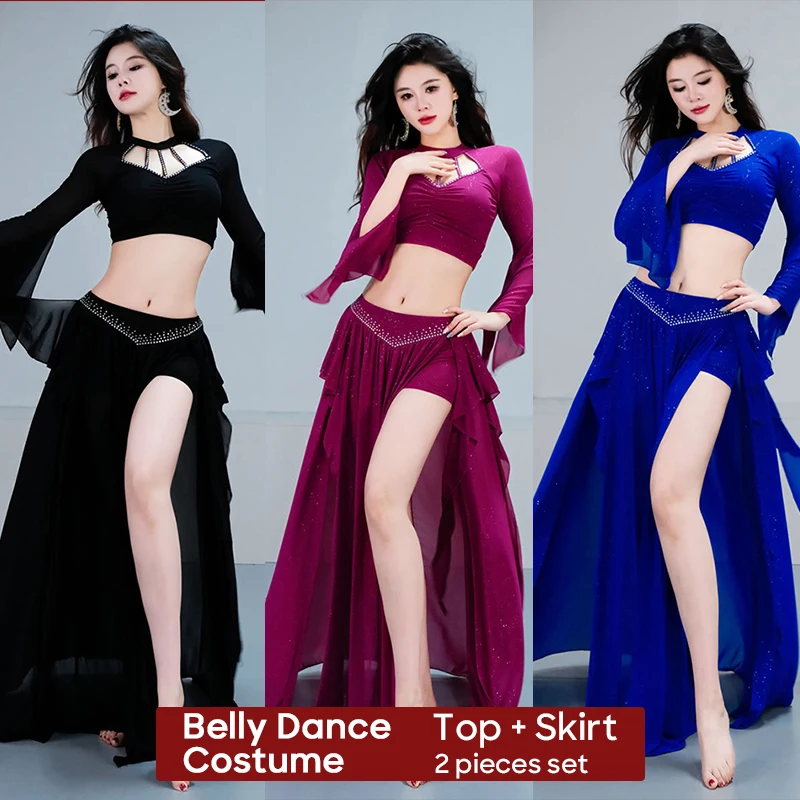 ชุดเต้นระบำหน้าท้อง เสื้อ+กระโปรง ชุดแสดงสำหรับผู้หญิง ชุดฝึกซ้อมการแสดงบนเวที เสื้อผ้าเต้นรำ ชุดคอสตูม
