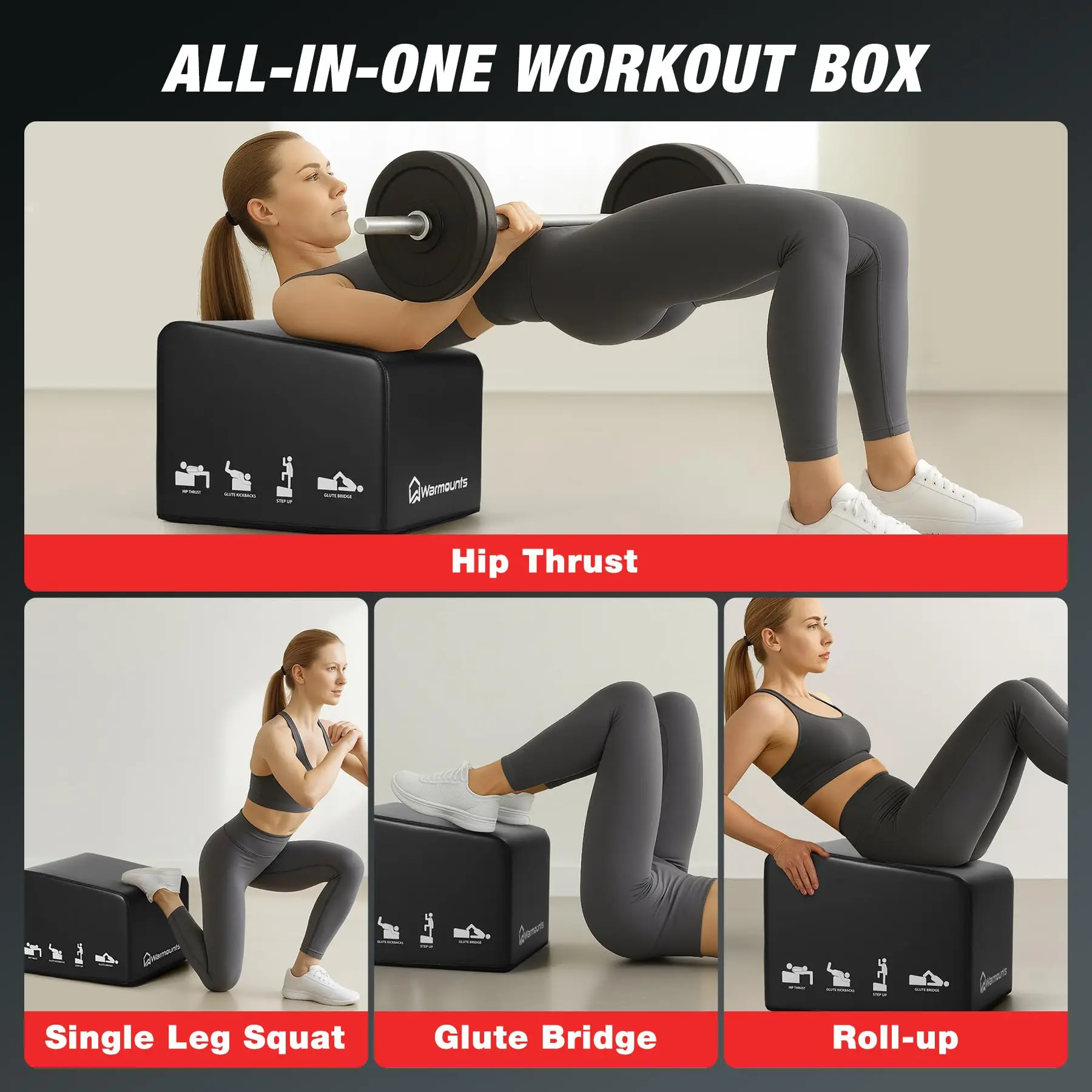 Hip Thrust Bench, Multi-Functional Hip Thrust Machine for Strength Training, Glute Bridge Box with Handle, Non-Slip Pad