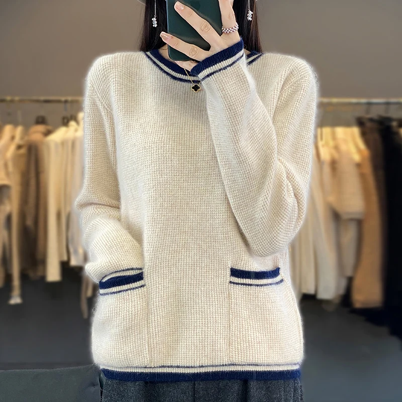 

2023 Women's New Round Neck Knitted Pullover 100% Mink Fleece Contrast Color Pocket Long Sleeve Large Grain Warm Fashion Sweater