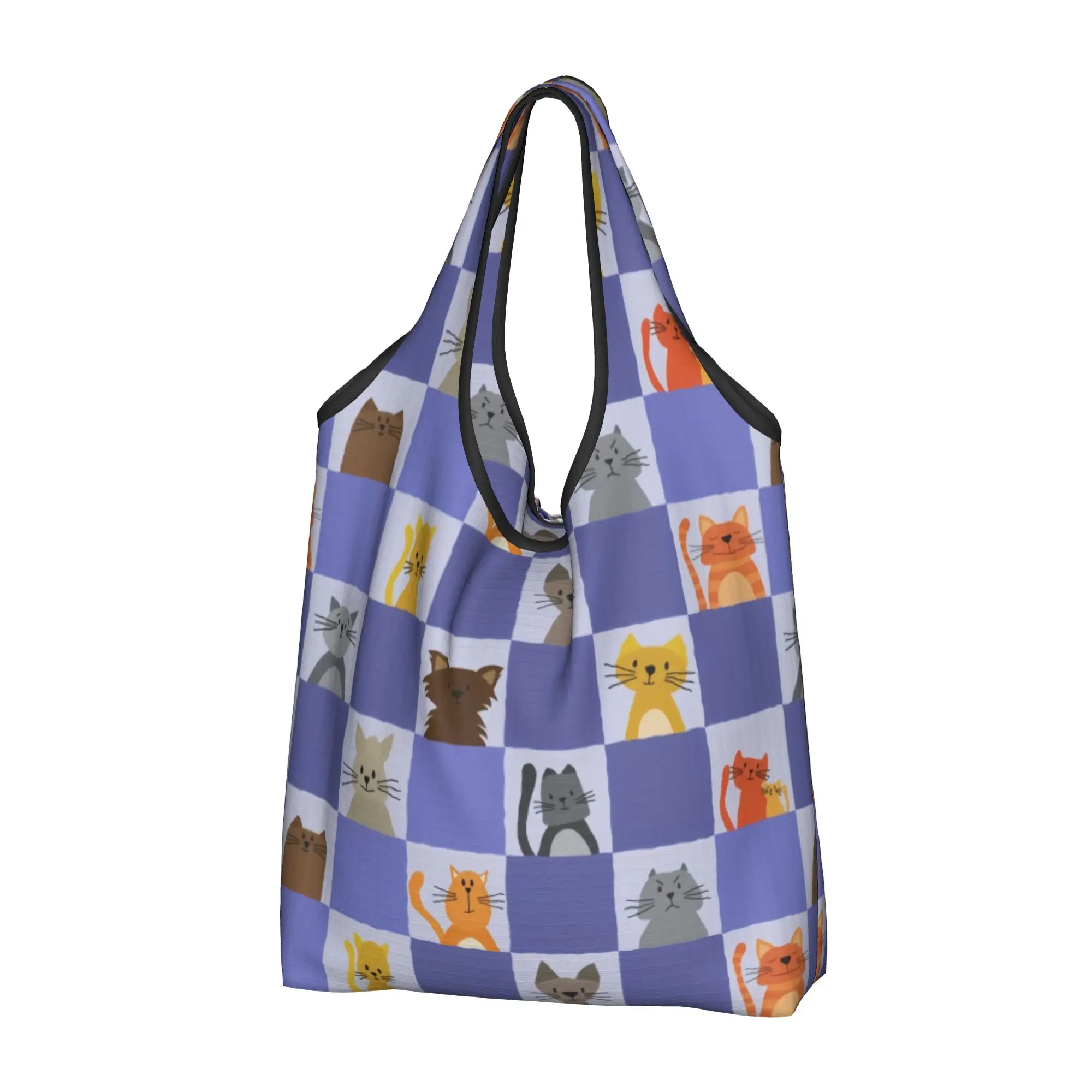 Cute Printing Checkerboard Cat Peri periwinkle Tote Shopping Bag Portable Shoulder Shopper  Handbag