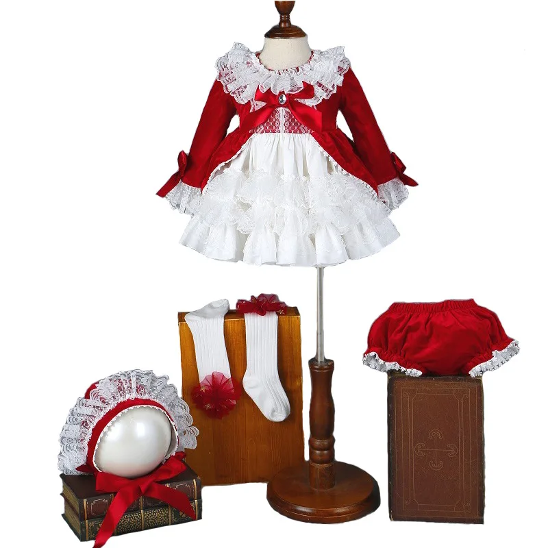 Spring New Red Velvet Lolita Girls Dress Birthday Spanish Princess Dress Ins Children\'s Suit Kids Clothing Kids Fashion Dress