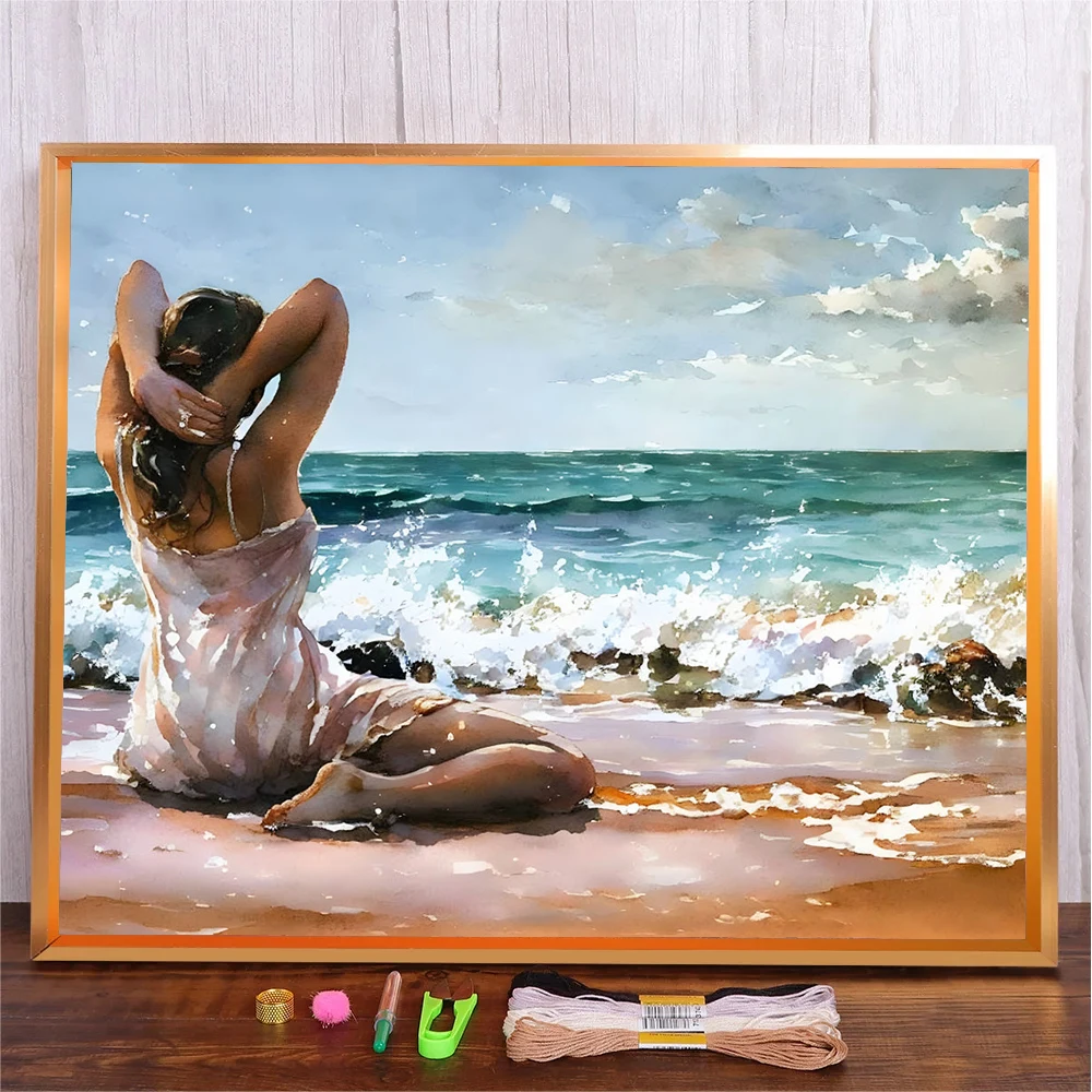 

Sea Beach Girl Cross Stitch Kit Printed Canvas Full Embroidery Eco-cotton Thread 11CT/14CT Home Decor Painting Embroidery Set