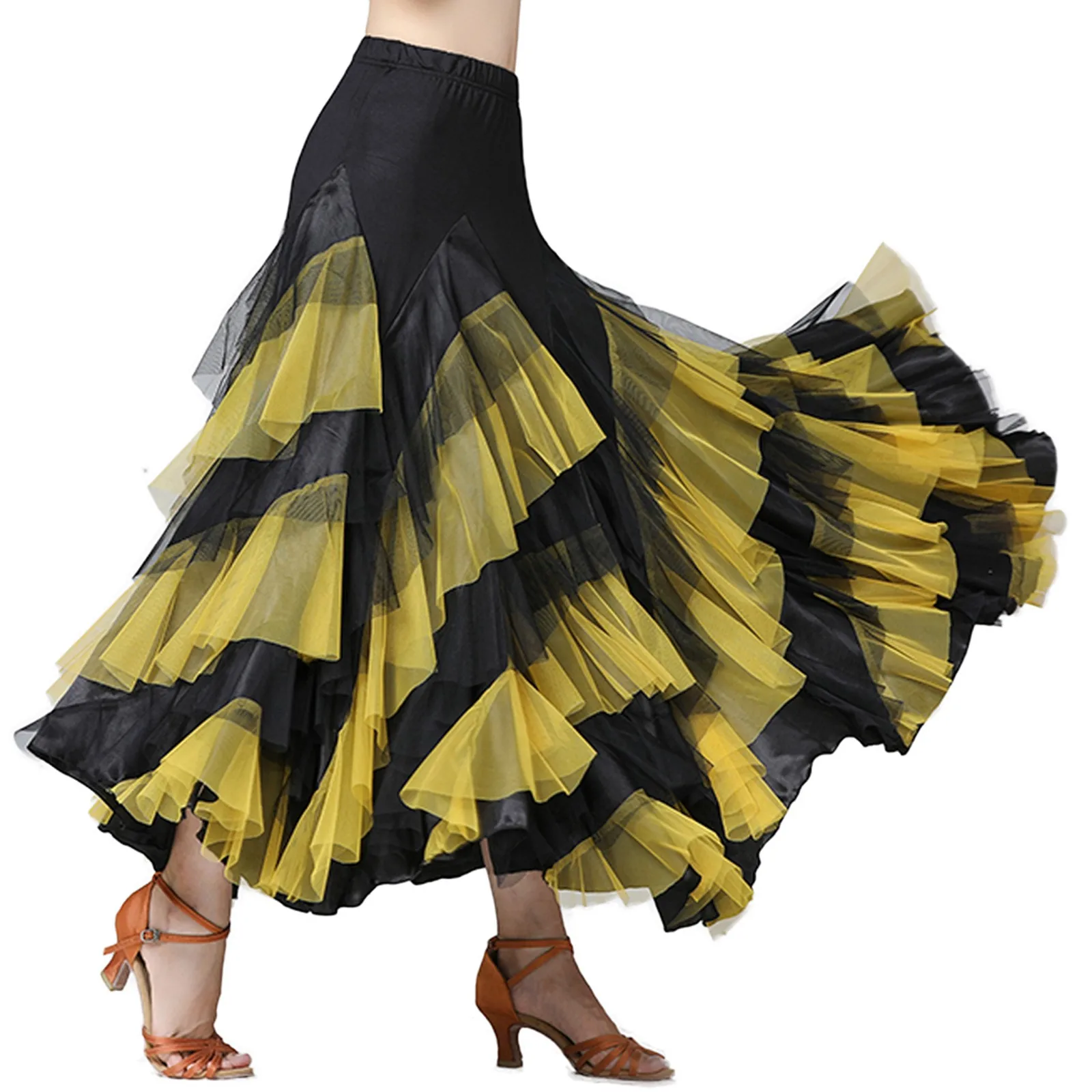 Color Blocking Lace Dance Skirts Women's Large Swing Half Bodies Skirts Mesh Ballroom Practice Skirt Long Performance Skirt