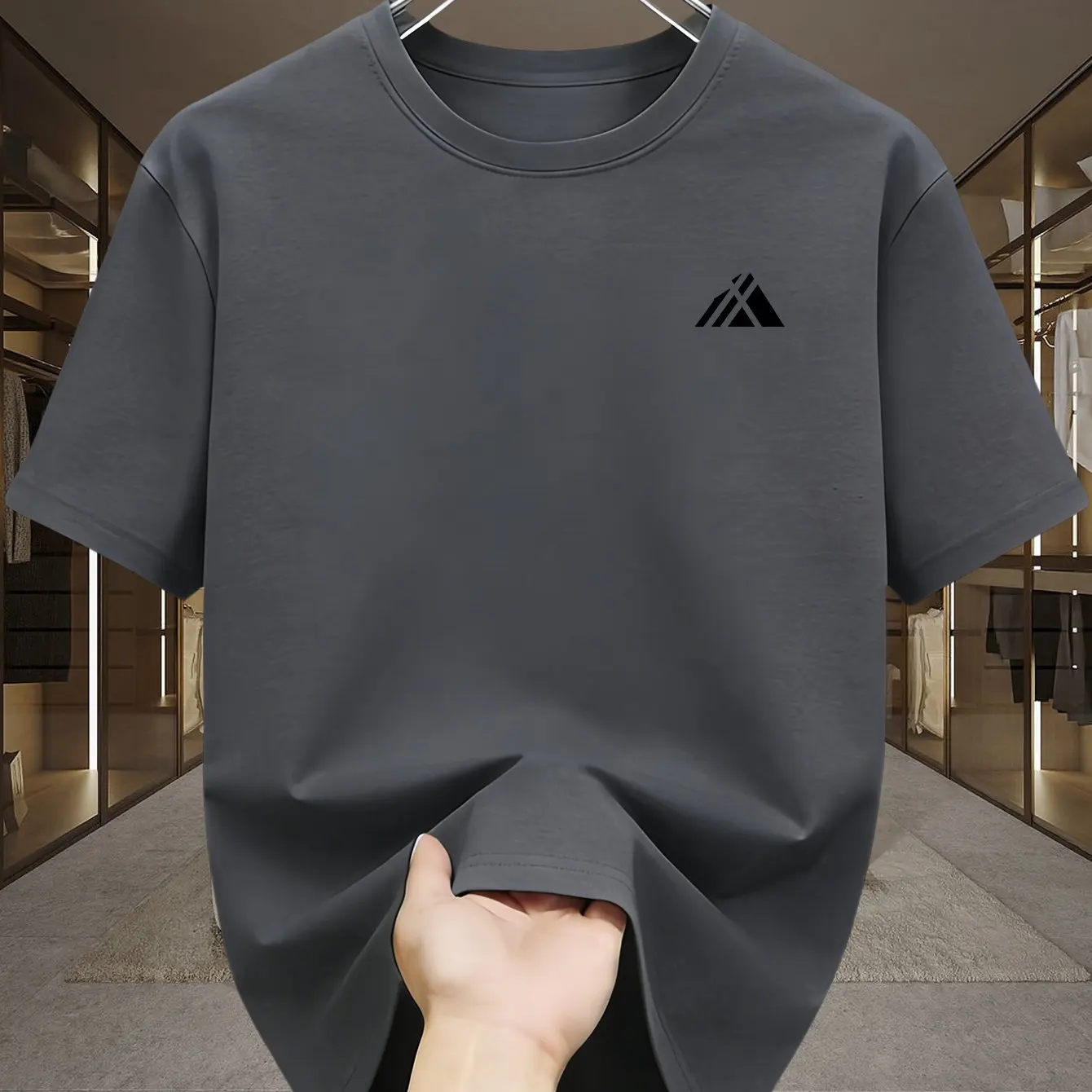 2026 Men's Dark Gray Geometric Triangle Print T-Shirt Casual O-Neck Short Sleeve Cotton Tee Minimalist Streetwear Tops