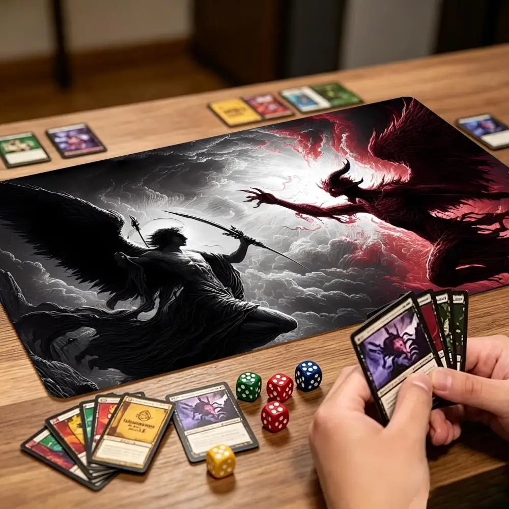 Large Desk Mat Gaming Angel Demon Light Dark Stitched Edges Anti-Slip Base Extended Keyboard Mat for Gamer Tabletop Playmat