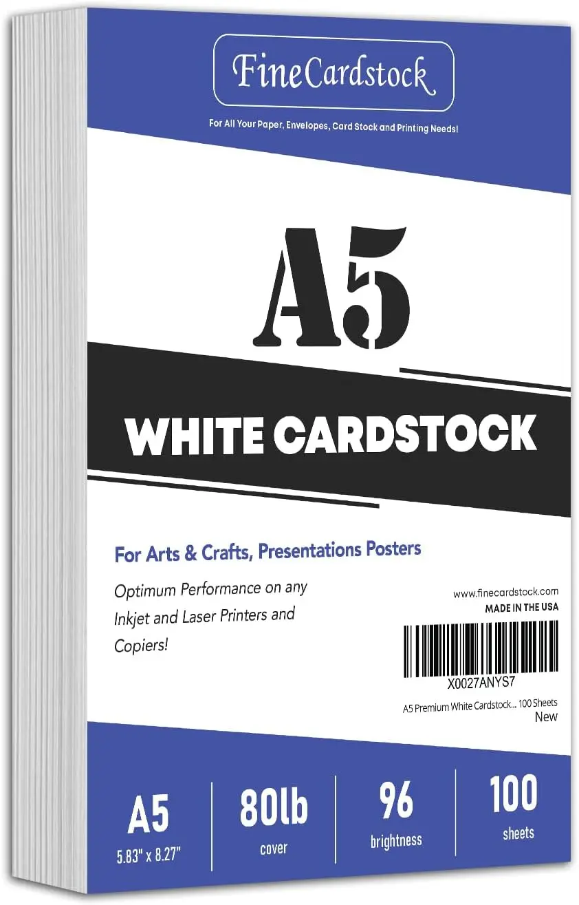 

A5 Premium White Cardstock 80lb 100 Sheets, 5.83x8.27 Inches for Printing, Writing & Crafts