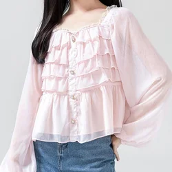 Sweet Solid Square Collar Pullovers Blouses Spring Autumn Fashion Patchwork Tops Ladies All-match Long Sleeve Women's Clothing