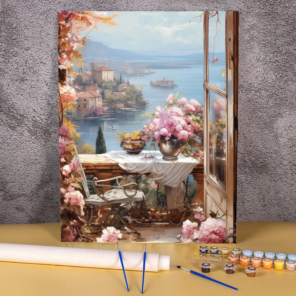 50X70 Window Flower Oil Painting By Numbers DIY Paint With Numbers On Canvas Frameless Hand Painting For Home Decor Wall Art