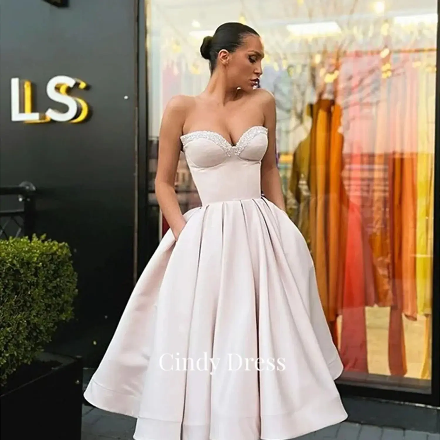 

Cindy Cocktail Dress Paste Drill Satin Light Pink Quinceanera Dresses Long Gala Luxury Evening 2023 Womens Graduation Prom Party