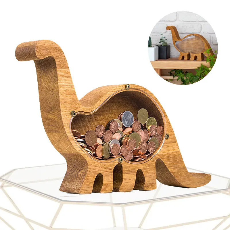 

Dinosaur Piggy Bank Natural Oak Wood Money Saving Box Transparent Organic Glass Side Christmas Birthday Gift Home Decoration