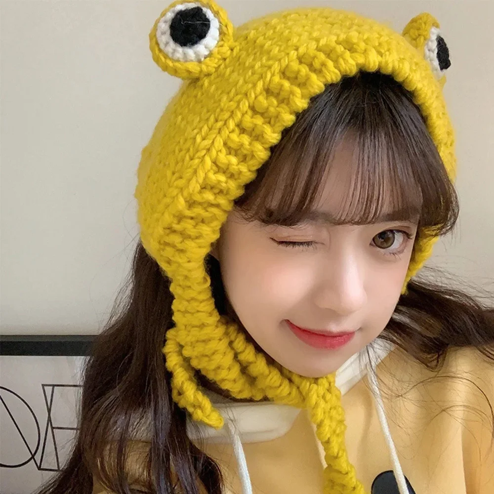 

Outdoors Women Big Eye Frog Cartoon Knitted Winter Frog Hat Knitted Caps Beanie Hats Ear Protective