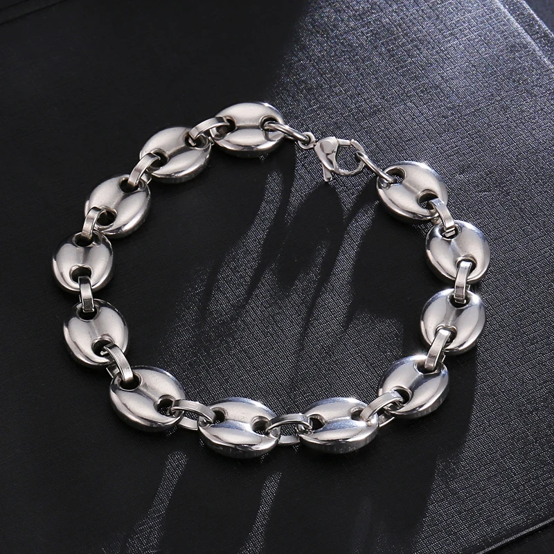 D&Z Hip Pop 11MM Coffee Beans Chains Bracelets For Men Stainless Steel Statement Charm Necklace Fashion Jewely