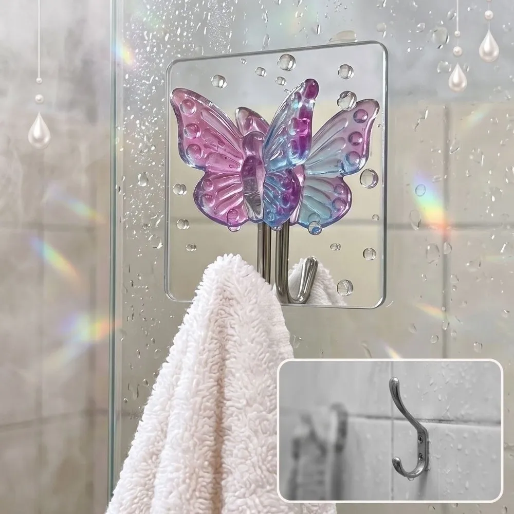 2PCS Self Adhesive Crystal Glass Butterfly Hooks Waterproof Decorative Butterfly Adhesive Hooks with Mirror Wall Hooks Bathroom