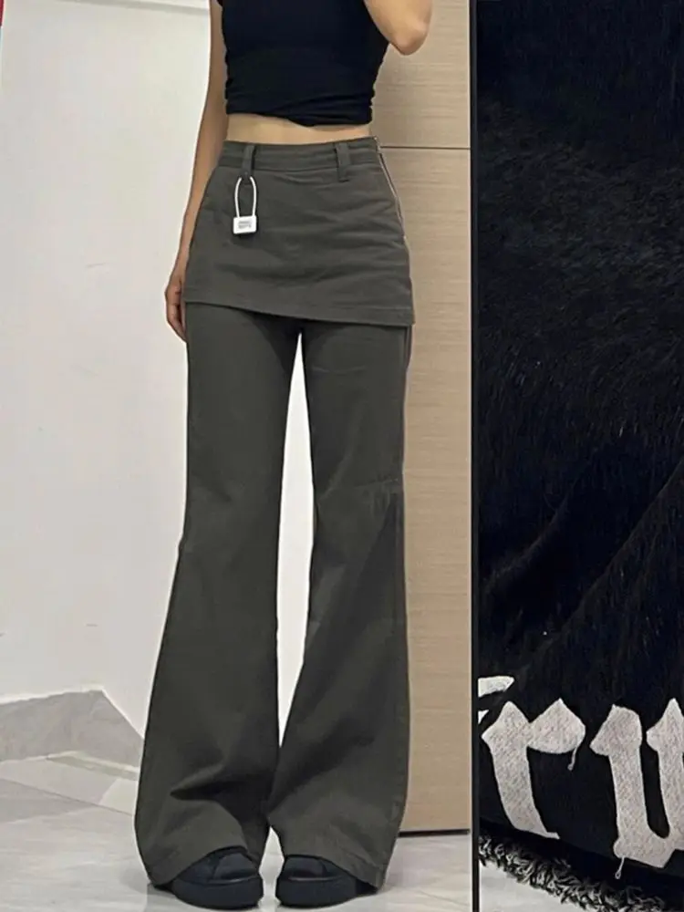 Deeptown Harajuku Patchwork Women Flared Pants Vintage High Waist American Style Fake Two Piece Trousers Y2k Baggy Solid Gyaru