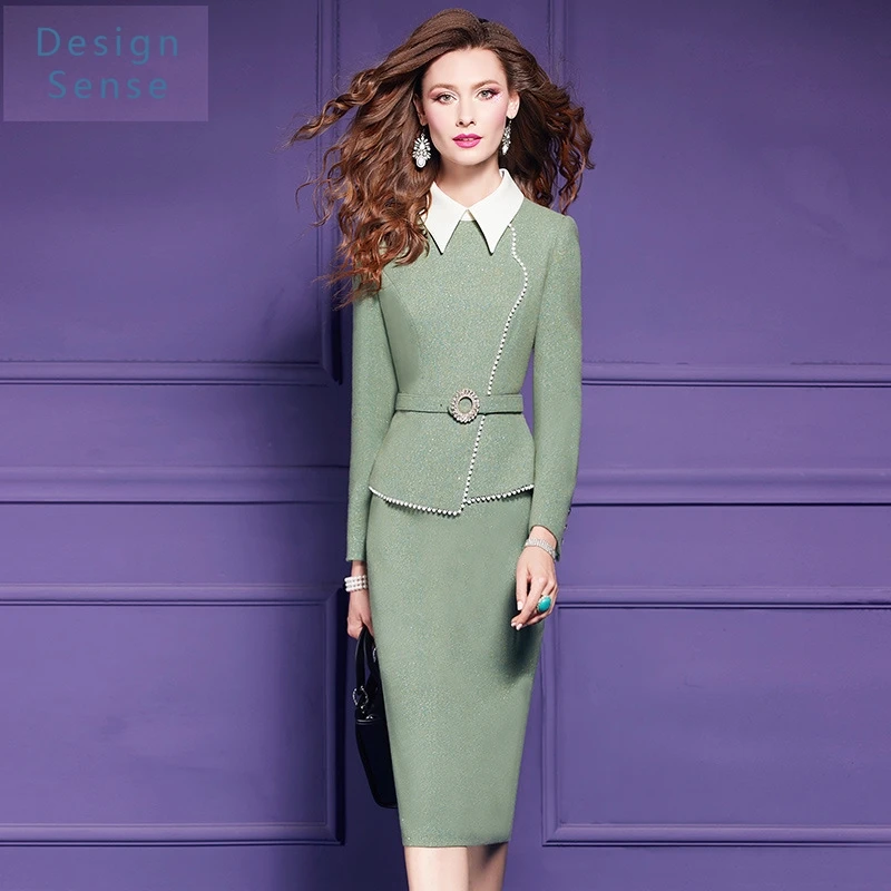 高品質の女性の通勤服ウールシャツドレス秋の新ファッションシックな高志ビーズ作業服スカート