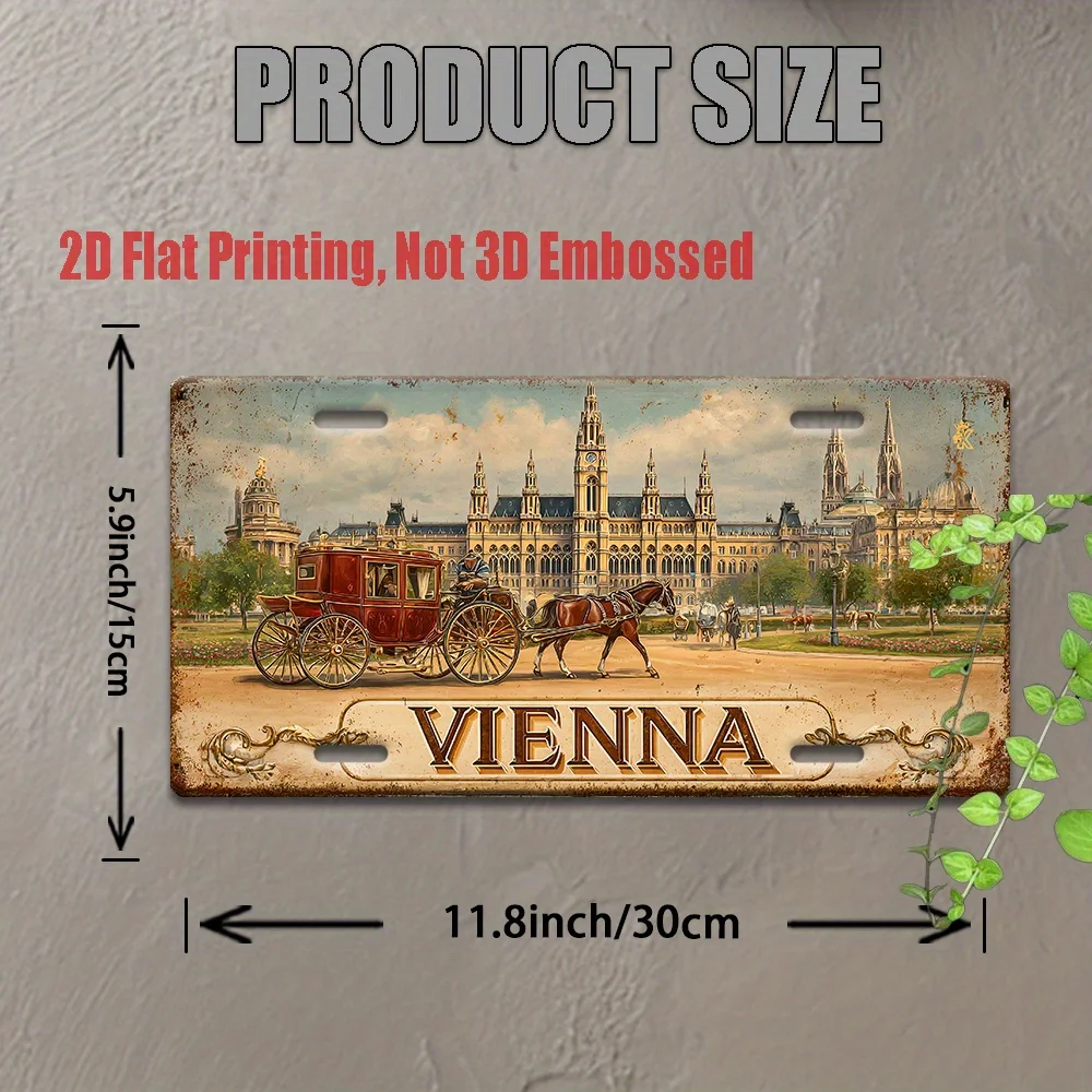 2D Flat, 1 Piece of Retro Metal Wall Art - 'Vienna' Aluminum Plaque with Carriage and Historic Architectural Desig