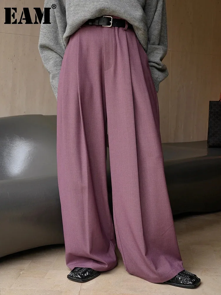 [EAM] High Waist Purple Brief Long Wide Leg Elegant Pants New Loose Fit Trousers Women Fashion Tide Spring Autumn 2024 1DH1026