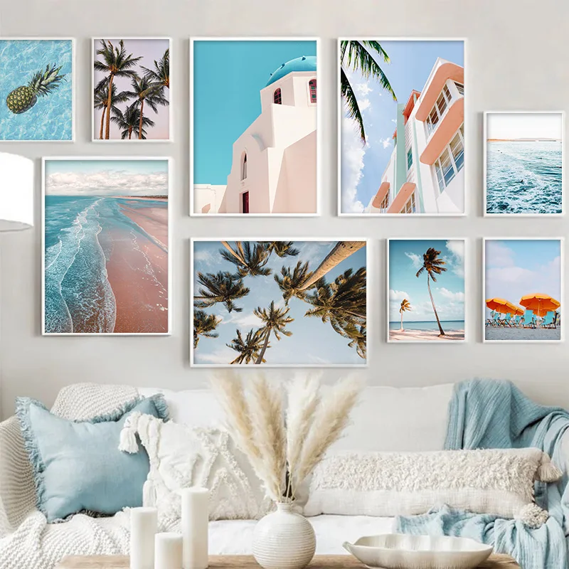 Summer Seaside Landscape Flamingo Wall Art Poster Beach Coconut Surfboard Canvas Painting Modern Living Room Print Picture Decor