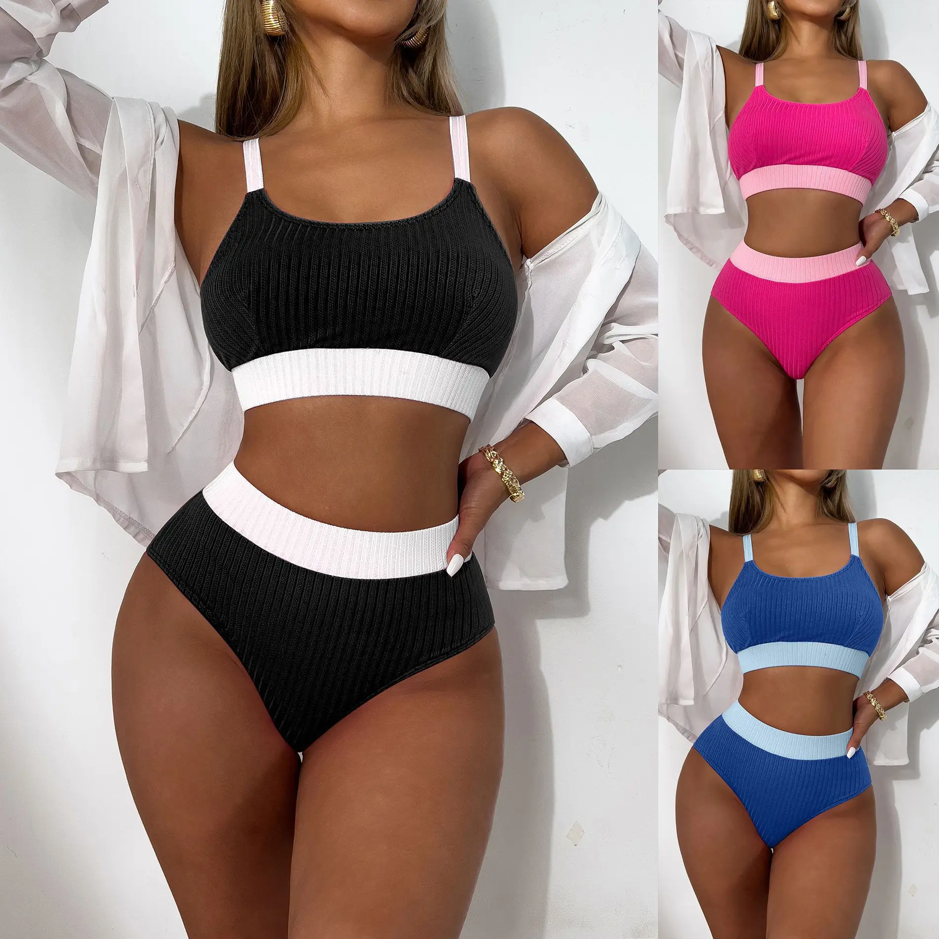 

2025 new solid color suspender split high waist triangle women's sexy hot spring bikini swimsuit