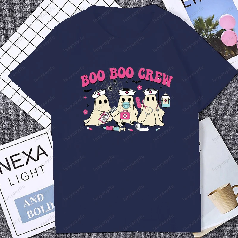 Halloween Nurse Kawaii Boo Boo Ghost Graphic Printed Retro Women T-shirt Casual Fashion Loose Harajuku Hip Hop Man T Shirt